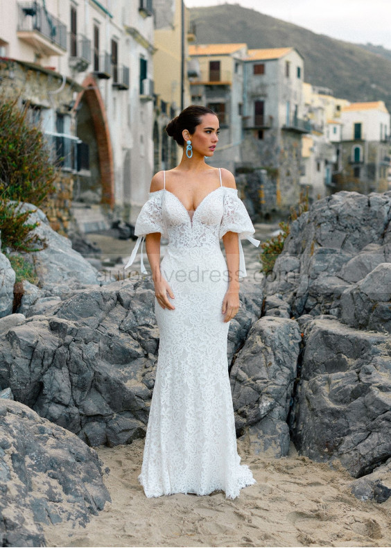 Puff Off Shoulder Sleeve Ivory Lace Wedding Dress